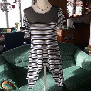 Black, blue, and white horizontal striped shirt